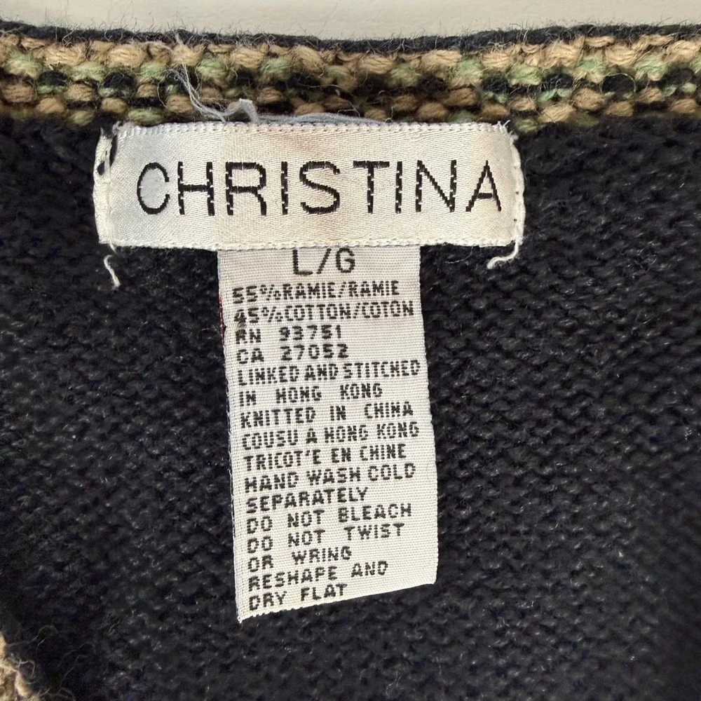 Christina Vintage Black Knit Leaf Sweater Vest Womens Ramie Cotton Fall M / L